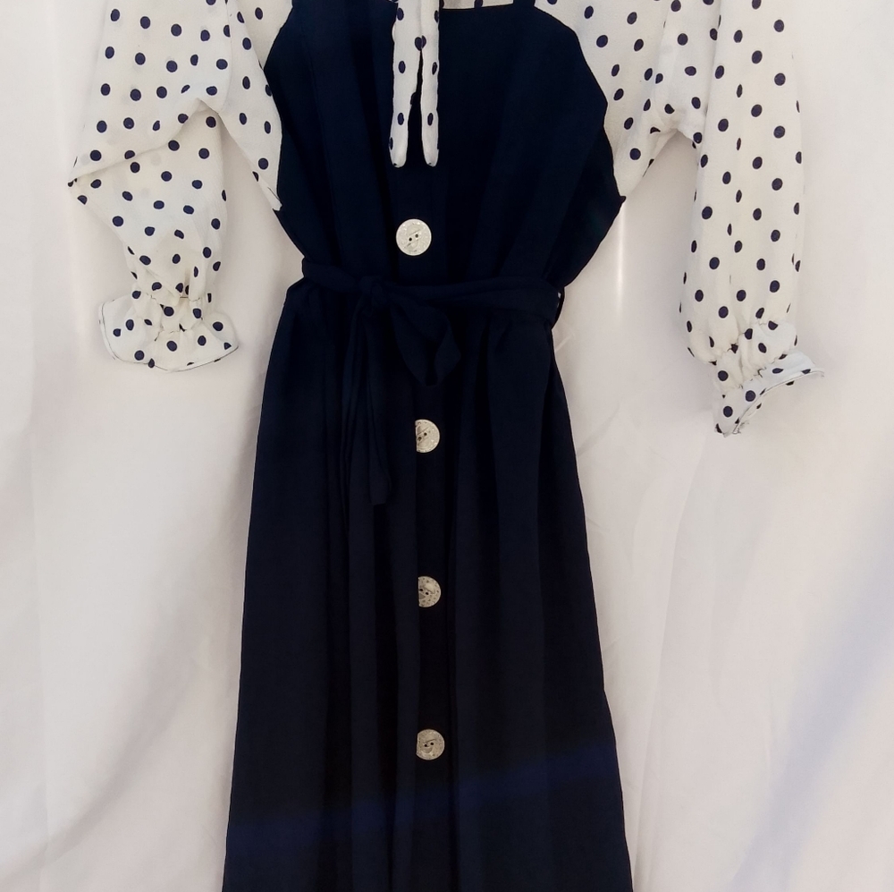 NWOT Vintage Green Apple Businesscore Navy and White Dress With Polkadot Accents - Picture 3 of 10